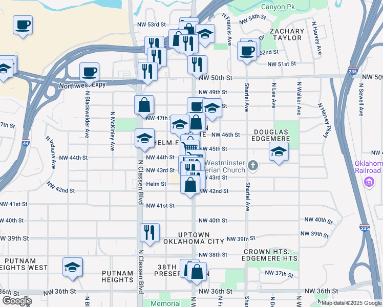 map of restaurants, bars, coffee shops, grocery stores, and more near 4501 North Western Avenue in Oklahoma City