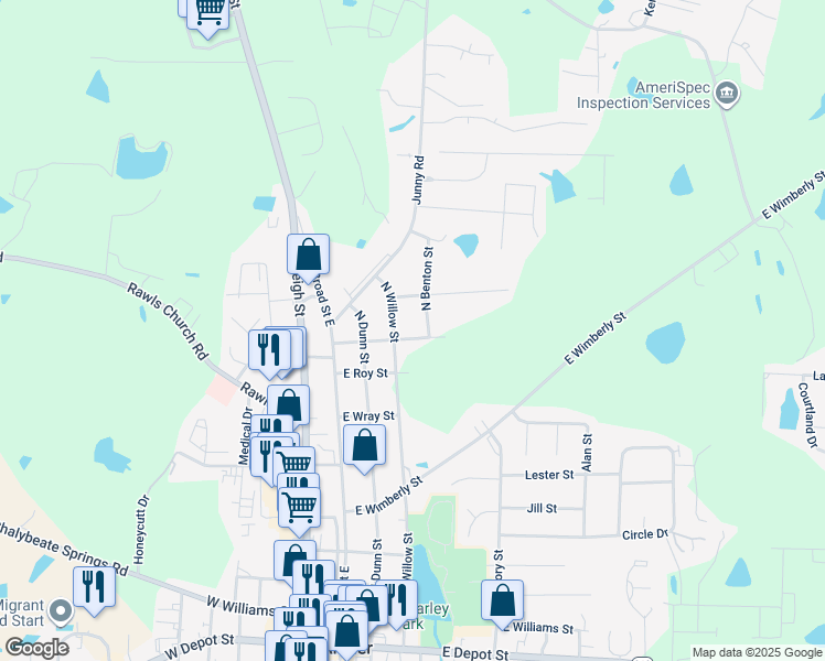 map of restaurants, bars, coffee shops, grocery stores, and more near 173 E Julia St in Angier