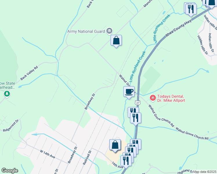 map of restaurants, bars, coffee shops, grocery stores, and more near 1610 Broadway Street in Dayton