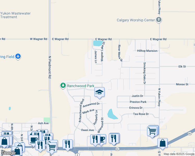 map of restaurants, bars, coffee shops, grocery stores, and more near 412 Charles Court in Yukon
