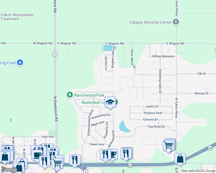 map of restaurants, bars, coffee shops, grocery stores, and more near 601 Linda Lane in Yukon