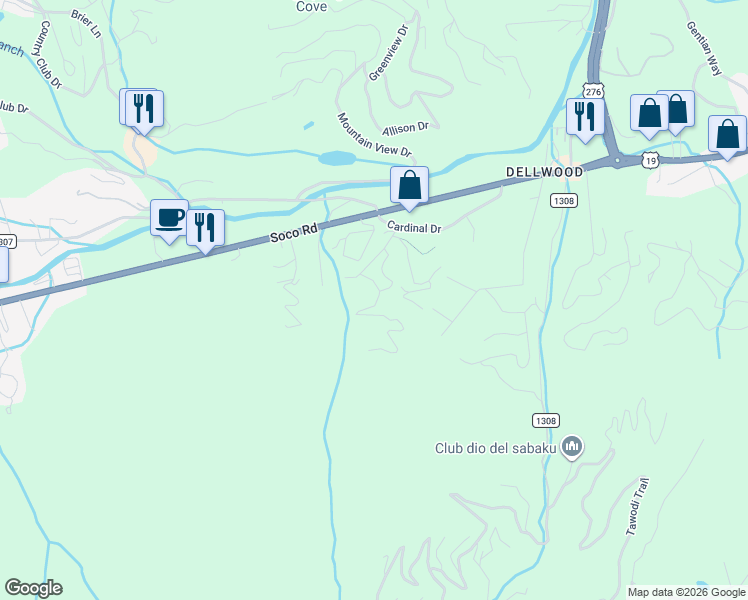 map of restaurants, bars, coffee shops, grocery stores, and more near 102 Sanctuary Road in Maggie Valley