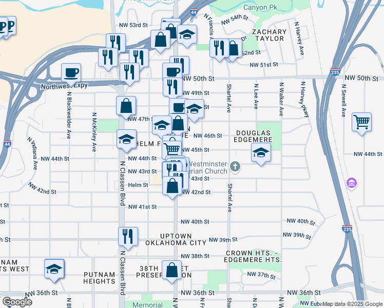 map of restaurants, bars, coffee shops, grocery stores, and more near 916 NW 45th St in Oklahoma City