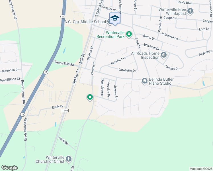 map of restaurants, bars, coffee shops, grocery stores, and more near 2925B Jessica Drive in Winterville