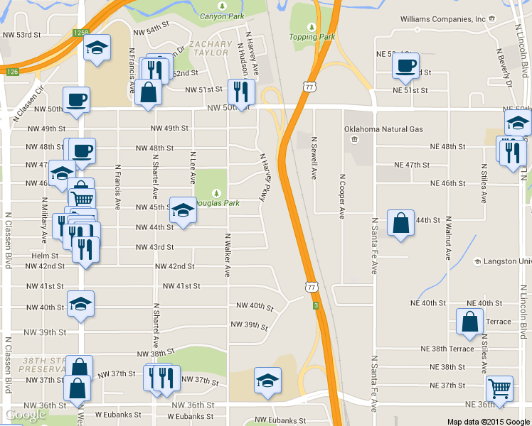 map of restaurants, bars, coffee shops, grocery stores, and more near 4520 North Harvey Parkway in Oklahoma City