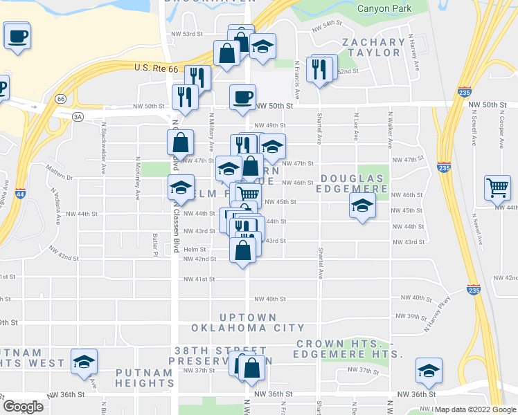 map of restaurants, bars, coffee shops, grocery stores, and more near 916 Northwest 45th Street in Oklahoma City