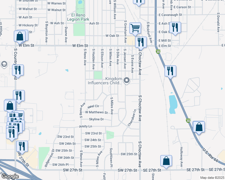 map of restaurants, bars, coffee shops, grocery stores, and more near 1317 South Miles Avenue in El Reno