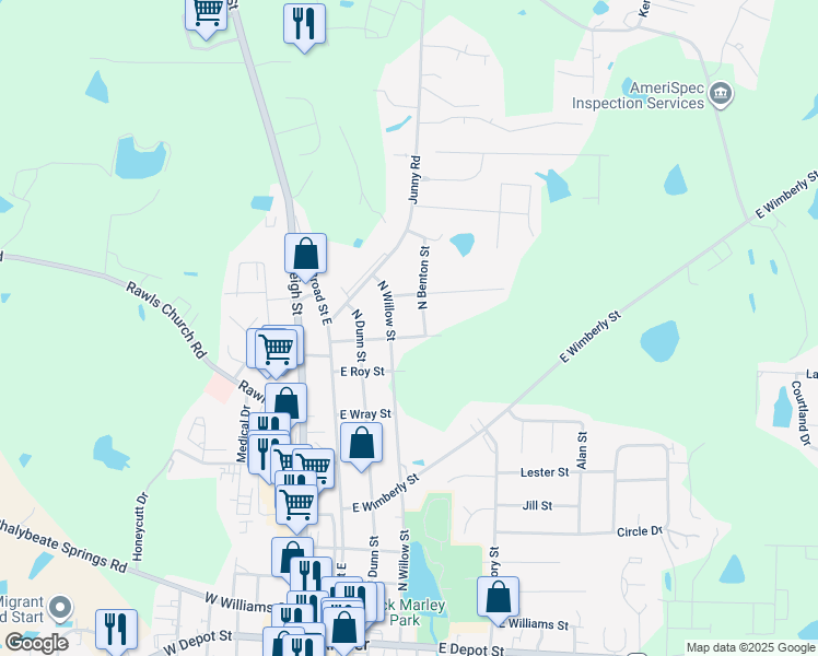 map of restaurants, bars, coffee shops, grocery stores, and more near 173 E Julia St in Angier