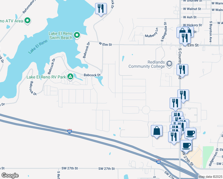 map of restaurants, bars, coffee shops, grocery stores, and more near 1708 Eighty-Niner Ter in El Reno