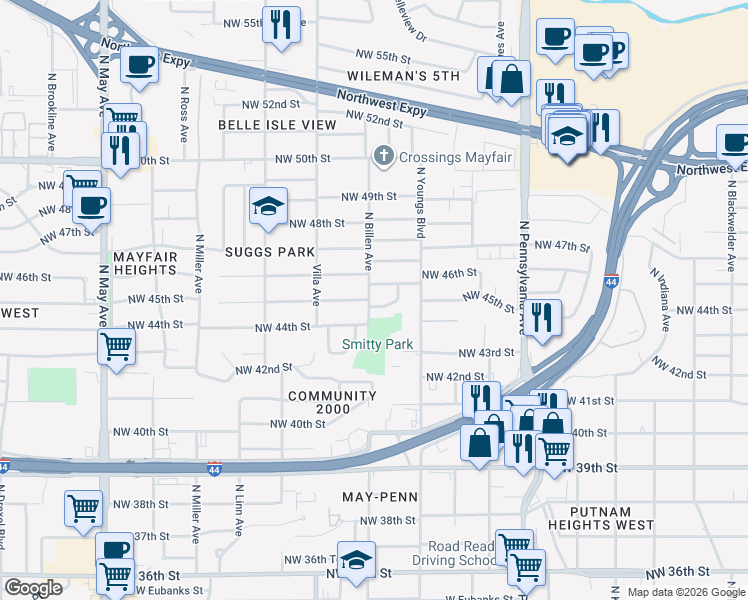 map of restaurants, bars, coffee shops, grocery stores, and more near 4512 North Billen Avenue in Oklahoma City