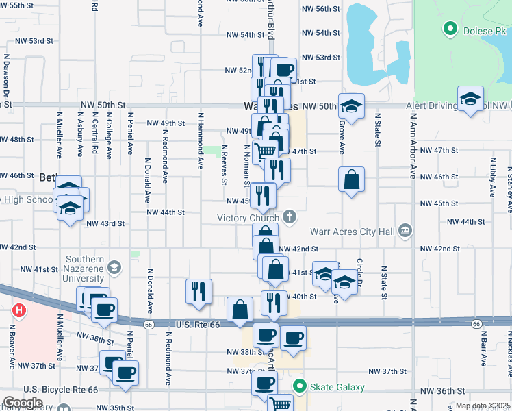 map of restaurants, bars, coffee shops, grocery stores, and more near 5910 Northwest 45th Street in Warr Acres