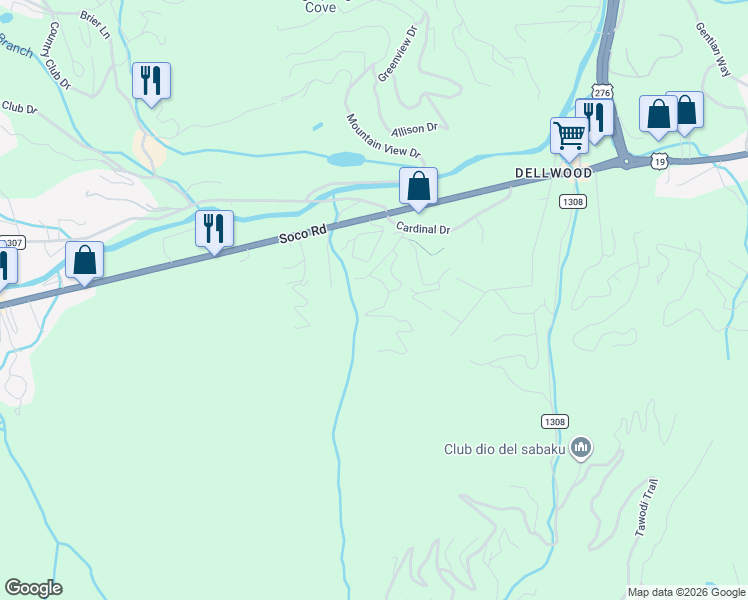 map of restaurants, bars, coffee shops, grocery stores, and more near 102 Sanctuary Road in Maggie Valley