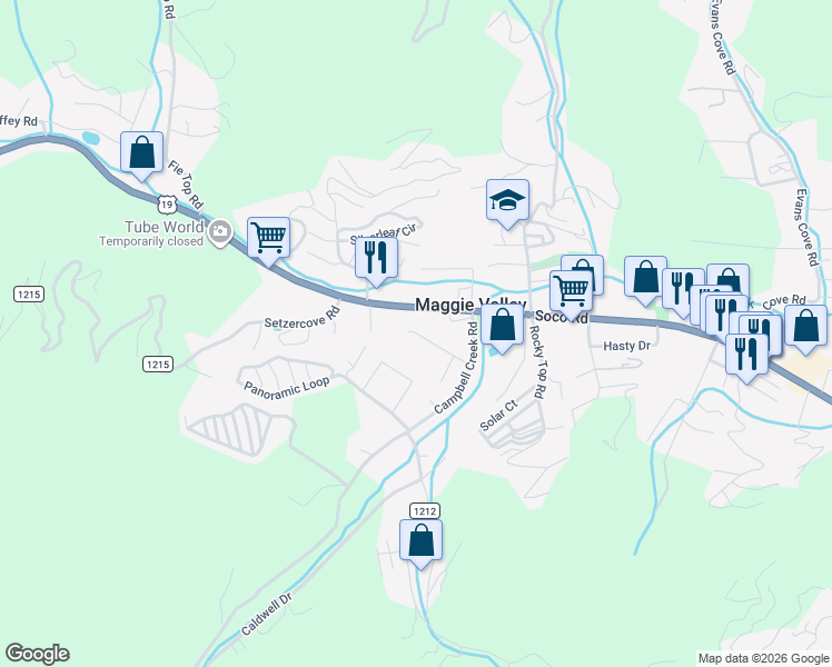 map of restaurants, bars, coffee shops, grocery stores, and more near 75 Fisher Loop in Maggie Valley