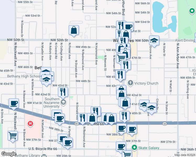 map of restaurants, bars, coffee shops, grocery stores, and more near 5946 Northwest 45th Street in Warr Acres
