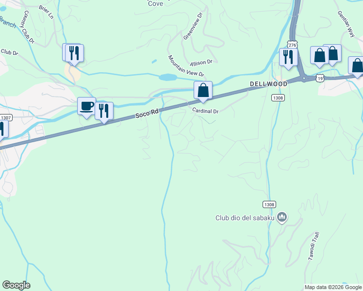 map of restaurants, bars, coffee shops, grocery stores, and more near 102 Sanctuary Road in Maggie Valley