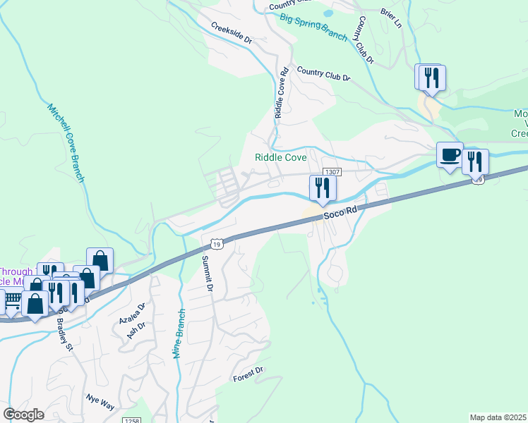 map of restaurants, bars, coffee shops, grocery stores, and more near 1786 Soco Road in Maggie Valley