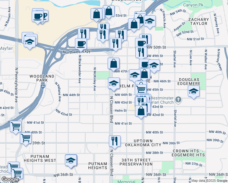 map of restaurants, bars, coffee shops, grocery stores, and more near 4501 North Classen Boulevard in Oklahoma City