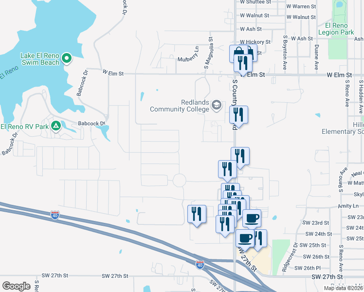 map of restaurants, bars, coffee shops, grocery stores, and more near 1633 Tumbleweed Way in El Reno