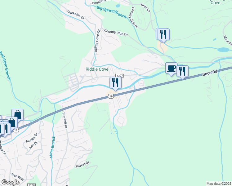 map of restaurants, bars, coffee shops, grocery stores, and more near 1560 Soco Road in Maggie Valley