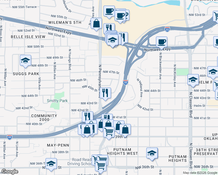 map of restaurants, bars, coffee shops, grocery stores, and more near 2017 Northwest 44th Street in Oklahoma City