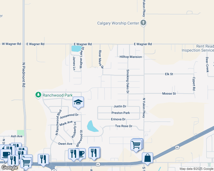 map of restaurants, bars, coffee shops, grocery stores, and more near 4537 Oasis Lane in Yukon