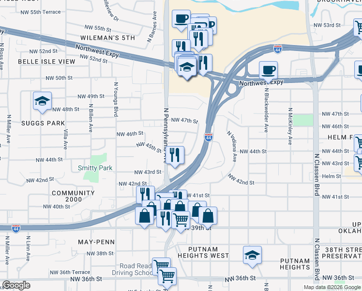 map of restaurants, bars, coffee shops, grocery stores, and more near 2017 Northwest 44th Street in Oklahoma City