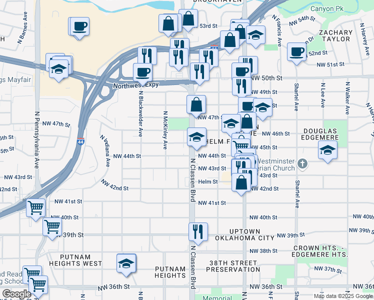 map of restaurants, bars, coffee shops, grocery stores, and more near 4501 North Classen Boulevard in Oklahoma City