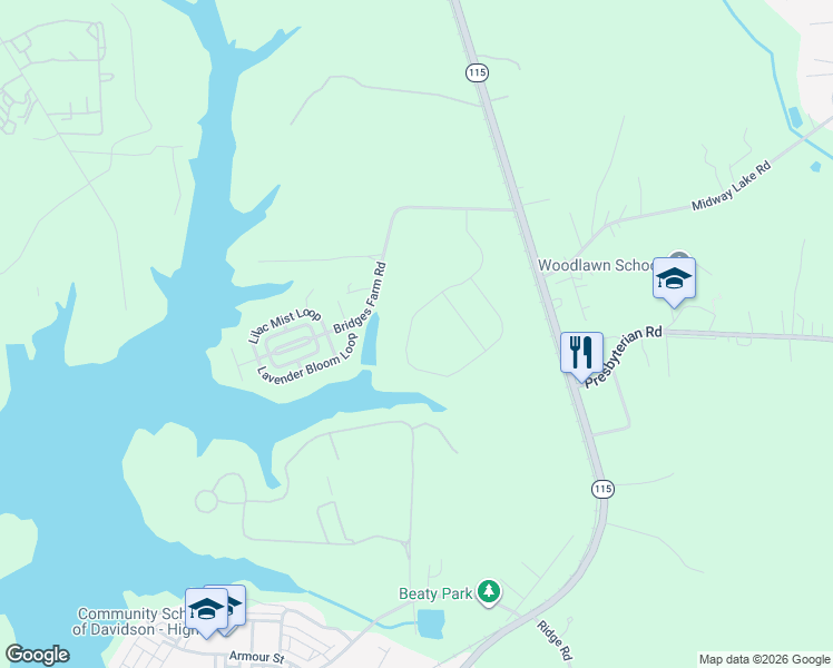 map of restaurants, bars, coffee shops, grocery stores, and more near 217 Bridges Farm Road in Mooresville