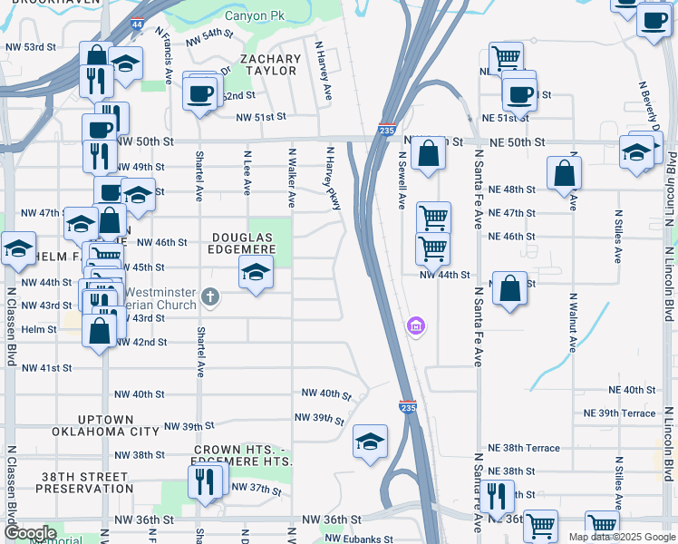map of restaurants, bars, coffee shops, grocery stores, and more near 412 Northwest 45th Street in Oklahoma City