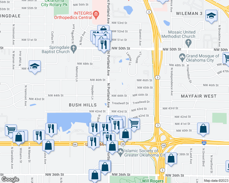 map of restaurants, bars, coffee shops, grocery stores, and more near 3621 Northwest 44th Street in Oklahoma City