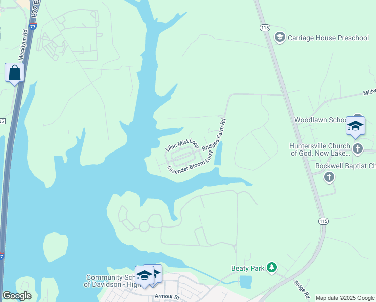 map of restaurants, bars, coffee shops, grocery stores, and more near 266 Bridges Farm Road in Mooresville