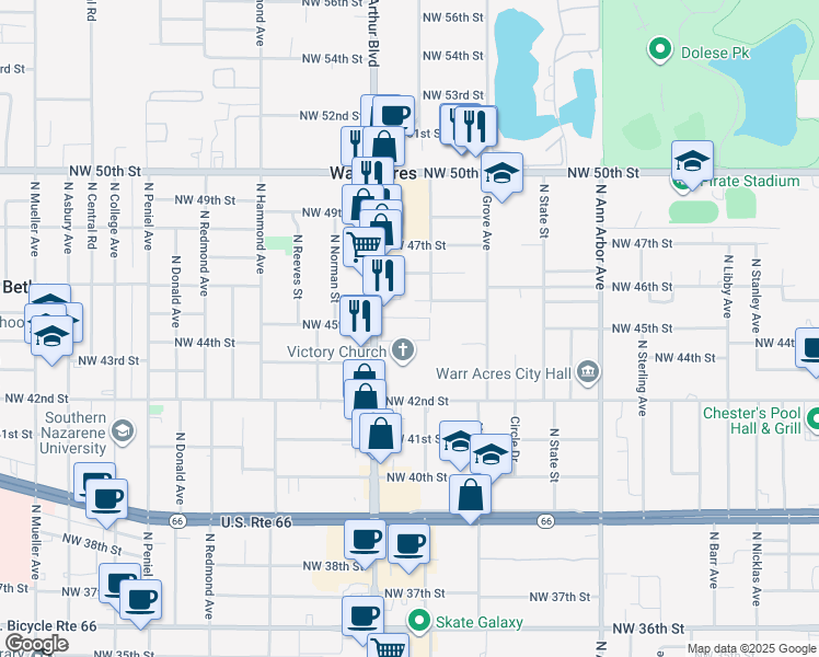 map of restaurants, bars, coffee shops, grocery stores, and more near in Oklahoma City