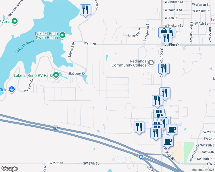 map of restaurants, bars, coffee shops, grocery stores, and more near 1856 Land Run Dr in El Reno