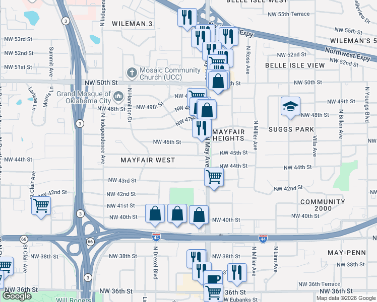 map of restaurants, bars, coffee shops, grocery stores, and more near 2936 Northwest 45th Street in Oklahoma City