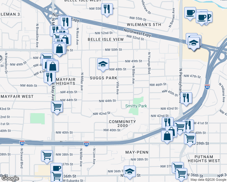 map of restaurants, bars, coffee shops, grocery stores, and more near 2511 Northwest 45th Street in Oklahoma City