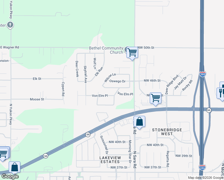map of restaurants, bars, coffee shops, grocery stores, and more near 1333 Von Elm Place in Yukon