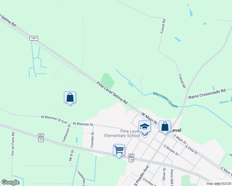map of restaurants, bars, coffee shops, grocery stores, and more near 2106 Pine Level Selma Road in Selma