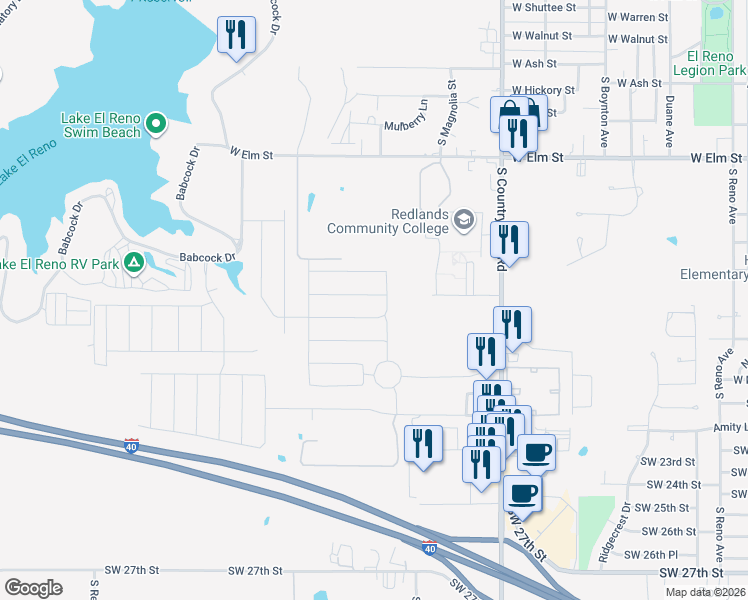 map of restaurants, bars, coffee shops, grocery stores, and more near 1820 Schooner Road in El Reno