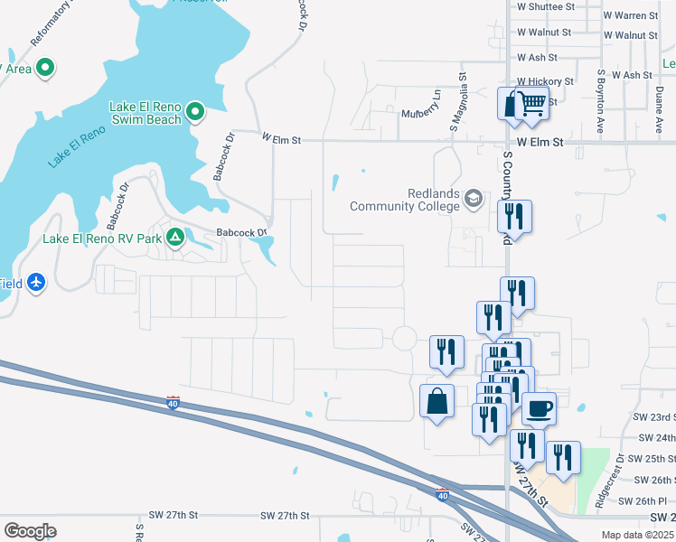 map of restaurants, bars, coffee shops, grocery stores, and more near 1865 Jack Rabbit Lane in El Reno
