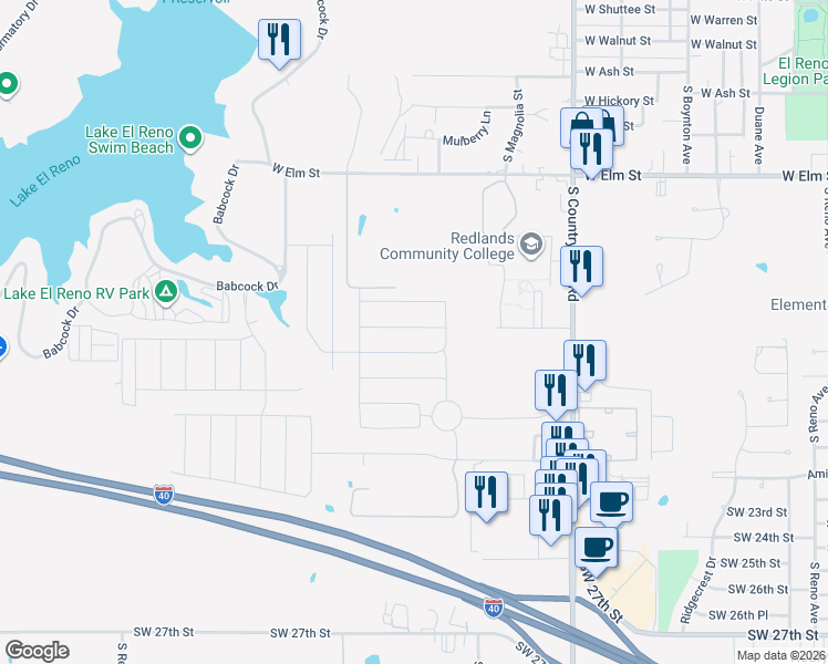 map of restaurants, bars, coffee shops, grocery stores, and more near 1820 Schooner Road in El Reno