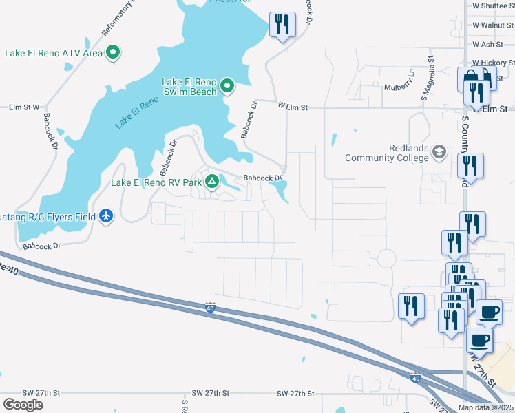 map of restaurants, bars, coffee shops, grocery stores, and more near 1507 Crimson Lake Boulevard in El Reno