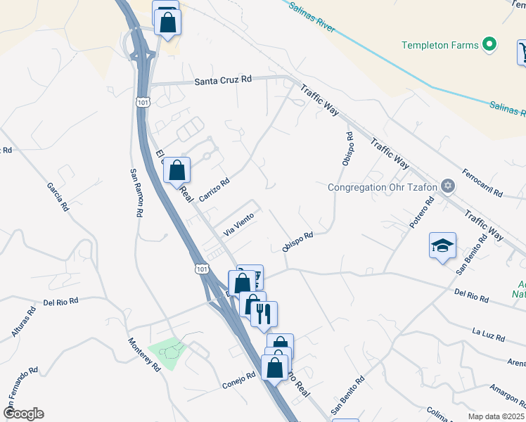map of restaurants, bars, coffee shops, grocery stores, and more near 5433 Via Viento in Atascadero