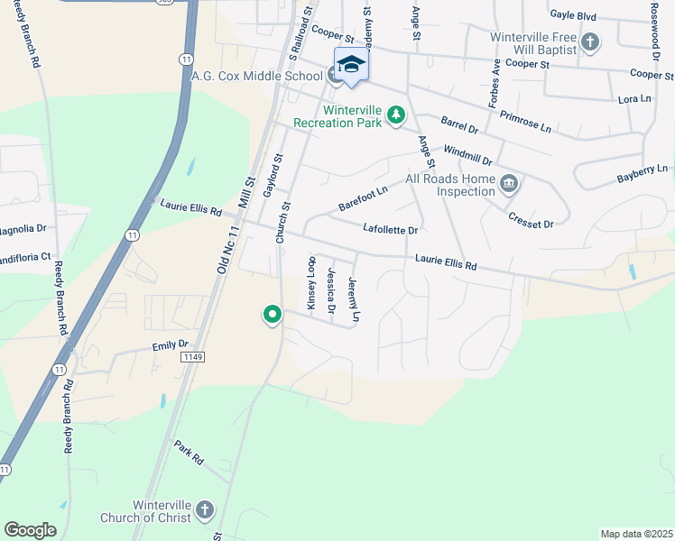 map of restaurants, bars, coffee shops, grocery stores, and more near 2925B Jessica Drive in Winterville