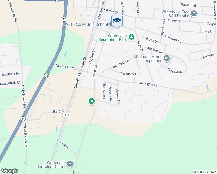 map of restaurants, bars, coffee shops, grocery stores, and more near 2925B Jessica Drive in Winterville