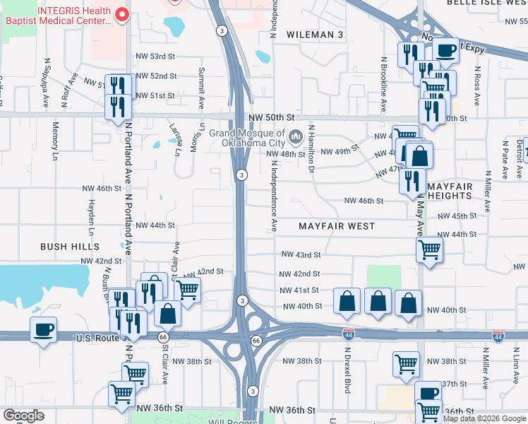 map of restaurants, bars, coffee shops, grocery stores, and more near 4517 North Independence Avenue in Oklahoma City