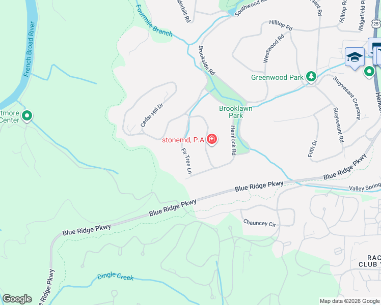 map of restaurants, bars, coffee shops, grocery stores, and more near 99999 Fir Tree Lane in Asheville