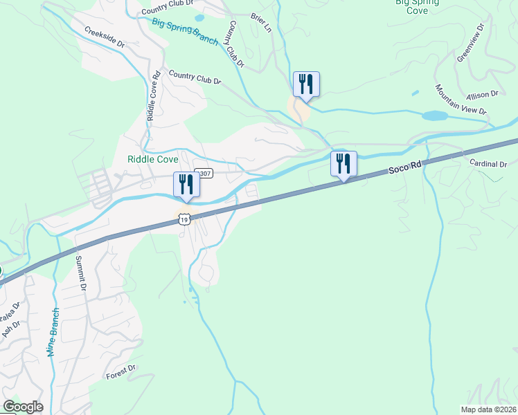 map of restaurants, bars, coffee shops, grocery stores, and more near 1361 Soco Road in Maggie Valley