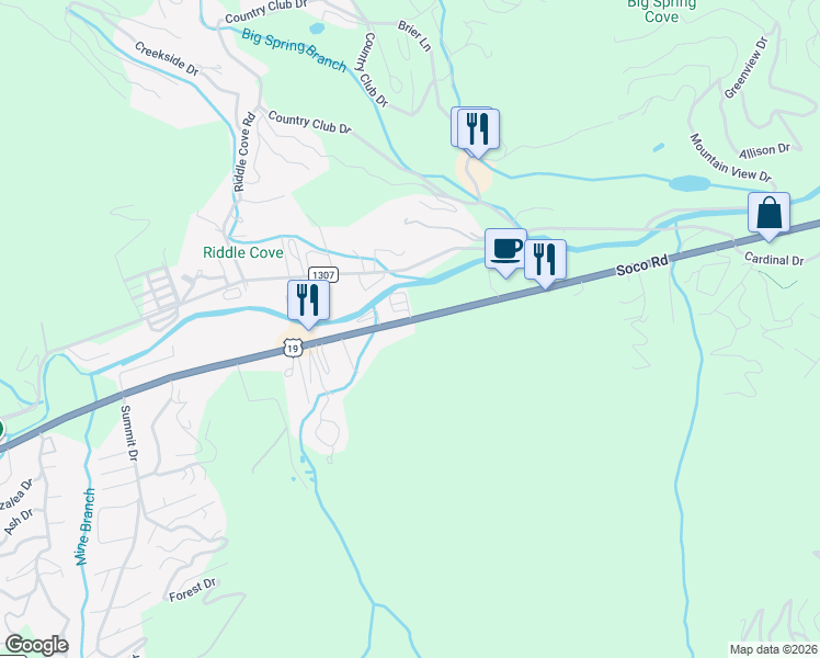 map of restaurants, bars, coffee shops, grocery stores, and more near 1361 Soco Road in Maggie Valley