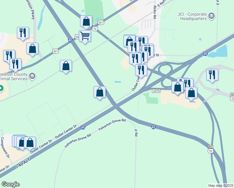 map of restaurants, bars, coffee shops, grocery stores, and more near 1671 Outlet Center Drive in Selma