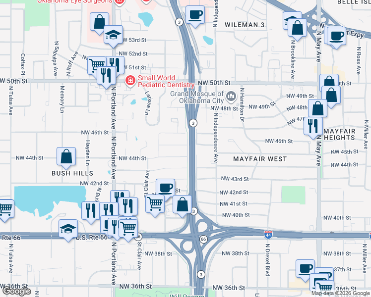 map of restaurants, bars, coffee shops, grocery stores, and more near 4516 North Grand Boulevard in Oklahoma City